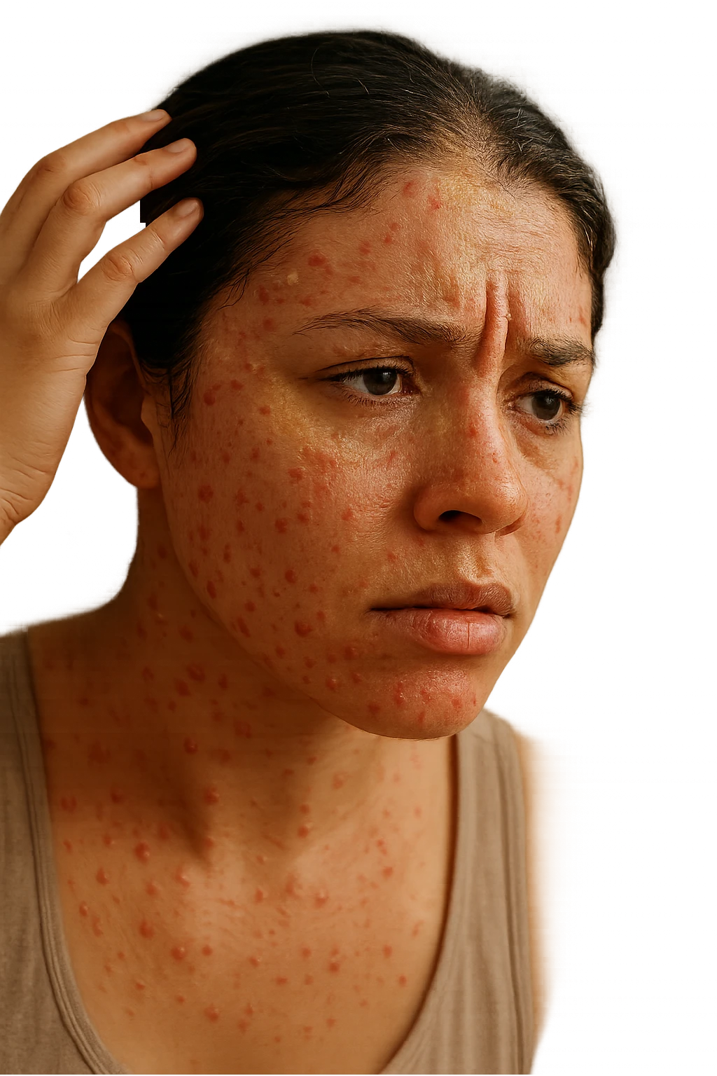 A highly realistic, cinematic close-up portrait of a young woman in her late 20s with medium skin tone, displaying visible folliculitis and seborrheic dermatitis. Small, red, inflamed follicular papules and pustules are scattered along her hairline, jawline, and upper neck, indicating folliculitis. Her scalp and areas around the nose and eyebrows show flaky, greasy yellowish scales, with redness and irritation, indicating seborrheic dermatitis. Her hair appears slightly greasy and clumps near the scalp, emphasizing excess sebum production. She gently touches her irritated scalp with concern while looking at herself in a softly lit bathroom mirror, expressing discomfort and frustration. The environment is neutral and clean, with daylight softly illuminating the scene to highlight the skin and scalp texture. The style is 35mm hyperrealistic, with warm neutral tones and shallow depth of field to maintain focus on her skin, inflammation, and emotional expression, visually explaining the physical discomfort and aesthetic concerns of living with folliculitis and seborrheic dermatitis emoji
