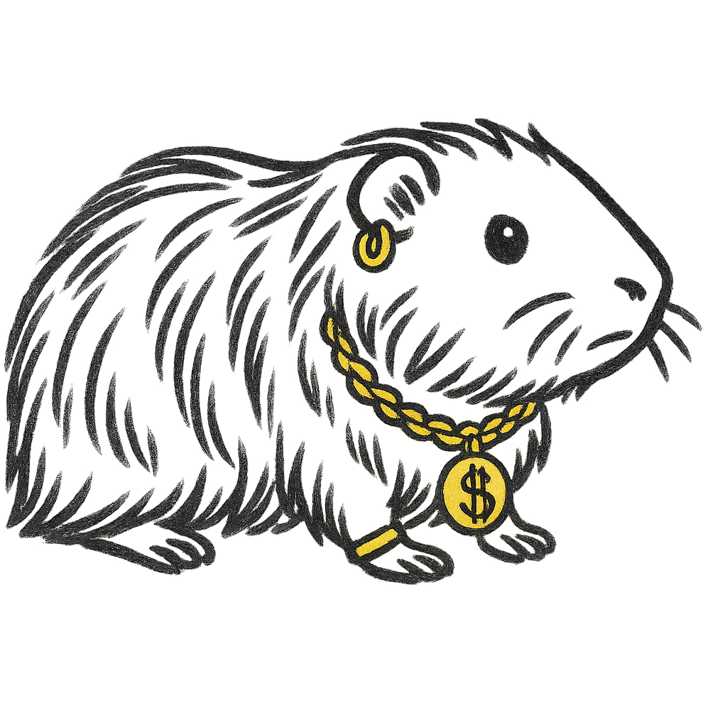 Make the guinea pig long-haired, black and white, with a strong muscular build and gold accessories, keep the style and no background. emoji