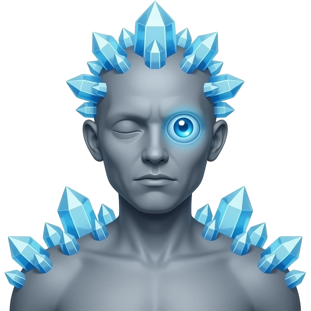 Weird Crystal humanoid thing with crystals growing on its back in glowing blue eyes with a gray body with a growing with no mouth with glowing blue eyes with a single blue glowing eye emoji
