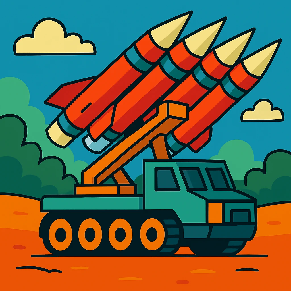 Make this missile battery look futuristic in a vibrant cartoon style with bright colors and dynamic shapes. emoji