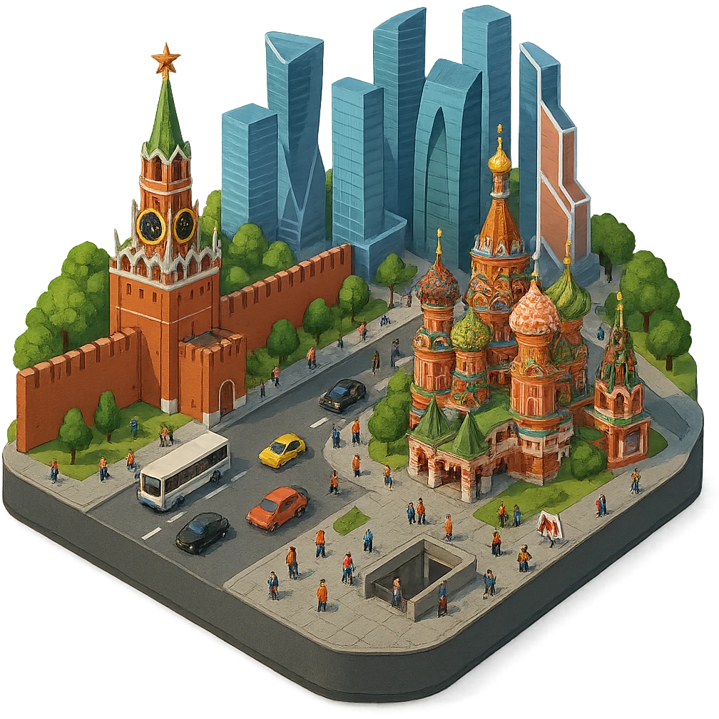 Изометричная миниатюрная 3D модель Москвы на подставке - фотореалистичный Кремль, собор Василия Блаженного, фотореалистичный Башни Москва-Сити, аккуратная детализация, четкие линии, яркие цвета, мультяшный реализм, гуляют люди и современный автотранспорт и метро, компактная композиция, вид сверху в изометрии, прозрачный фон emoji