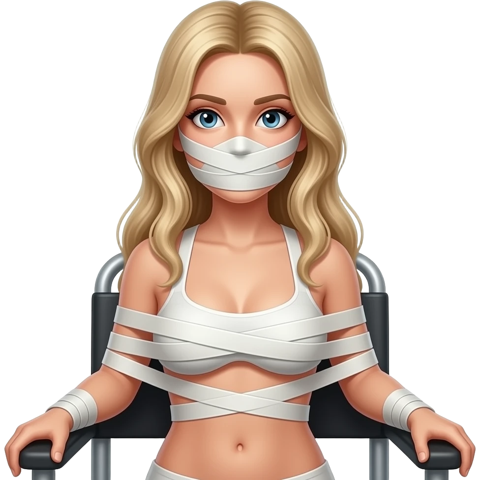 A full body naked woman blonde hair long  and  her body is taped and her mouth is also susy🔞 and realistic and  and her eyes are susy and shes tied in she's chair emoji