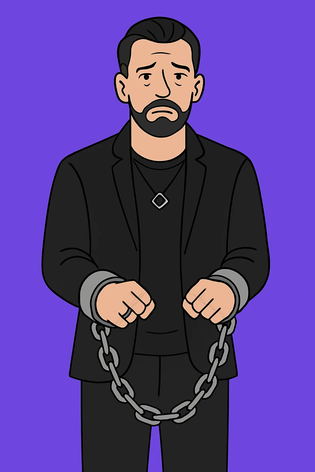 Используя такую стилистику как на картинках сгенерируй мужчину в одежде как на фото. Он стоит и расстроенно смотрит на зрителя, на его руках кандалы и цепи, которые тянут его вниз emoji