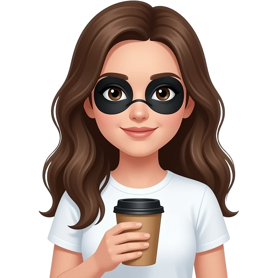emoji apple chica de piel blanca, morena de pelo suelto que se le vea bien la cara con unos parches de contorno de ojos que se colocan bajo los ojos, sobre las ojeras negros puestos en la cara y que esté sujetando una taza de cafe. tiene que cubrir toda la ojera. camiseta blanca emoji