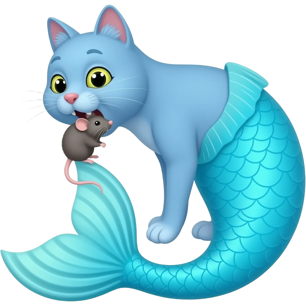 A blue cat with long #B8FFFF mermaid tail swallowed a whole rat inside a #B8FFFF mermaid tail emoji