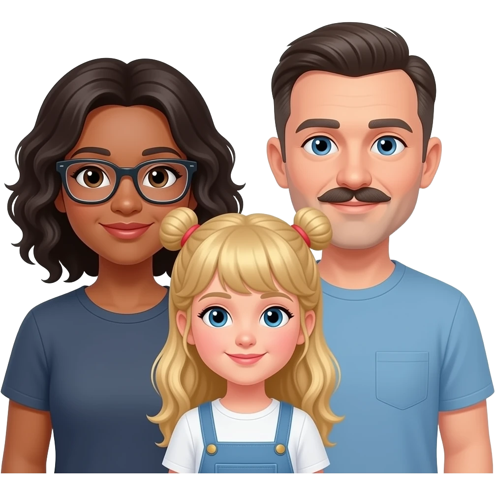 A white family with a 40-year-old bald father, a woman with slightly darker skin wearing glasses and medium curly black hair, a blonde girl with two buns, and a white man with blue eyes, a mustache, and shaved hair. They are together emoji