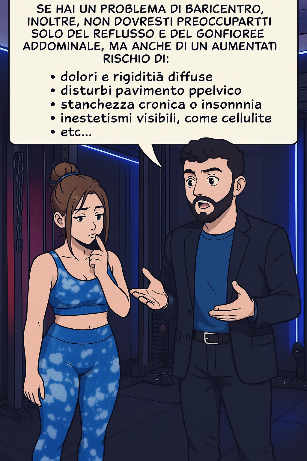 TRASFORMA QUESTO CAROSELLO IN UN FUMETTO STILE WEBTOON/MANGA A COLORI CON QUESTE DUE PERSONE IDENTICHE CHE INTERLOQUISCONO TRA LORO, L'uomo sta spiegando alla donna questo concetto MENTRE LA DONNA SI TIENE L'INDICE SUL MENTO ASCOLTANDOLO PENSIEROSA:

Se hai un problema di baricentro, inoltre, non dovresti preoccuparti solo del reflusso e del gonfiore addominale, ma anche di un aumentato rischio di:
    • dolori e rigidità diffuse
    • disturbi pavimento pelvico
    • stanchezza cronica o insonnia
    • inestetismi visibili, come celluluite
    • etc… emoji