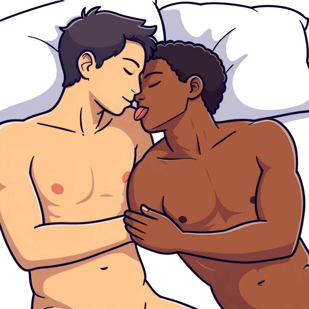 I398.67(((White adult male dark hair))) ,(((Dark skin  adult male))), naked, ((( sexual touching genitals))) , intercourse,spooning, kissing eyes closed tongue open mouth ,penis view, erotic rubbing body, hand job emoji