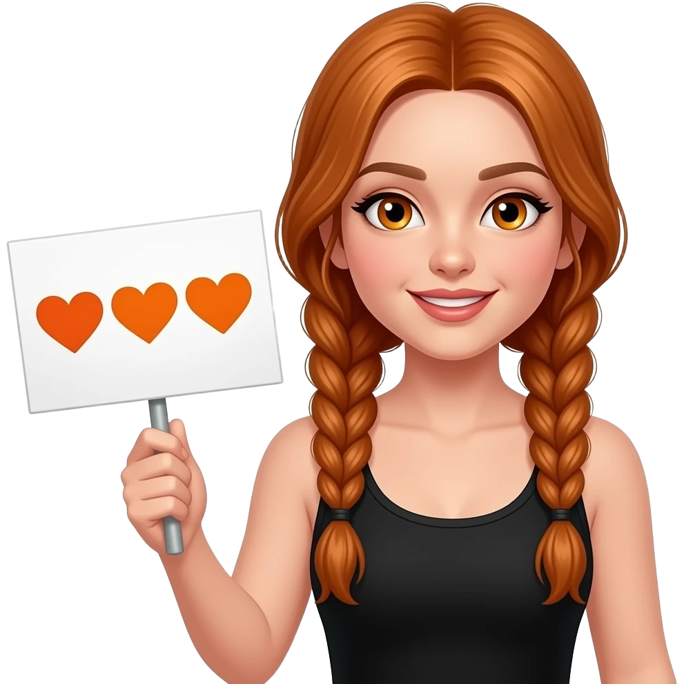 sexy girl with long ginger braids and ginger eyes wearing a black tanktop and is holding a white sign with 🧡🧡🧡 written on it emoji
