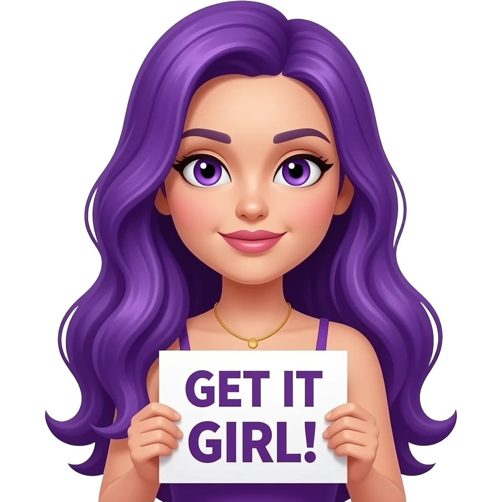 sexy girl with long purple hair and purple eyes wearing a dress holding a GET IT GIRL! sign emoji