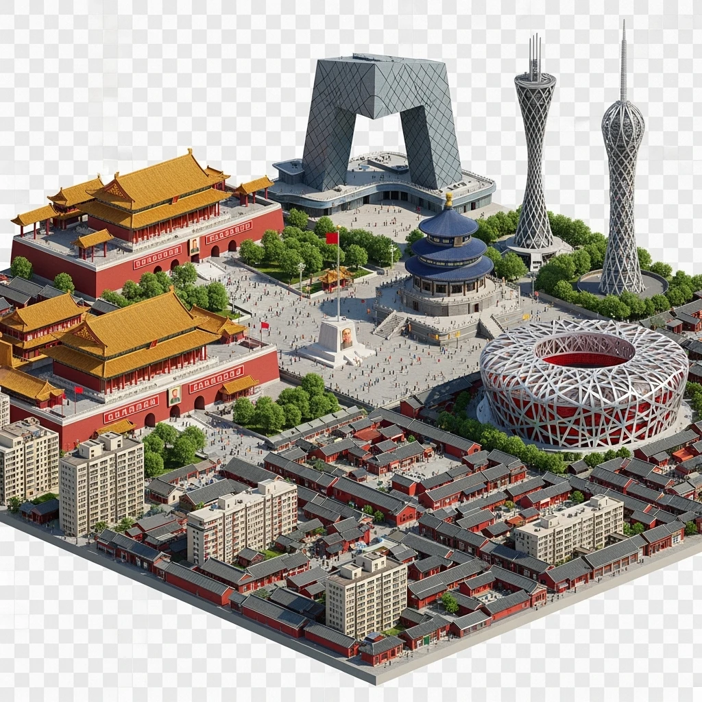Isometric miniature of Beijing Forbidden City, Tiananmen Square, CCTV Headquarters, Temple of Heaven, China Zun tower, Bird’s Nest Stadium and crowded hutong alleys, apartment blocks, 3D miniature effect and Tilt Shift effect, no cartoonish look, transparent background, don't cut angles emoji