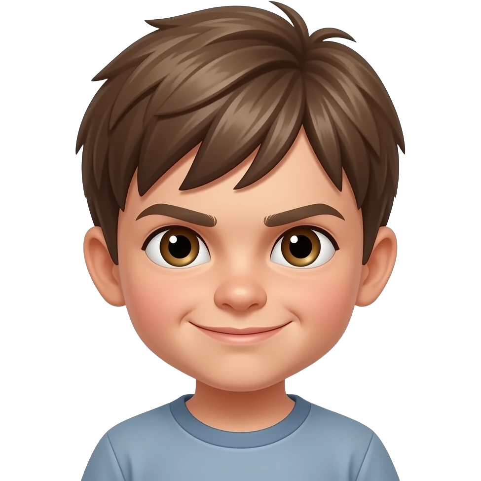 Niño pequeño pelo rubio oscuro liso rebelde ojos marrones cara travieso emoji