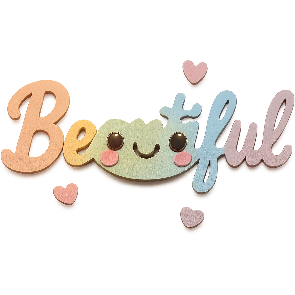 Add a cute kawaii face and tiny pastel hearts to the text, keep the 3D paper-craft effect, no outline, transparent background emoji