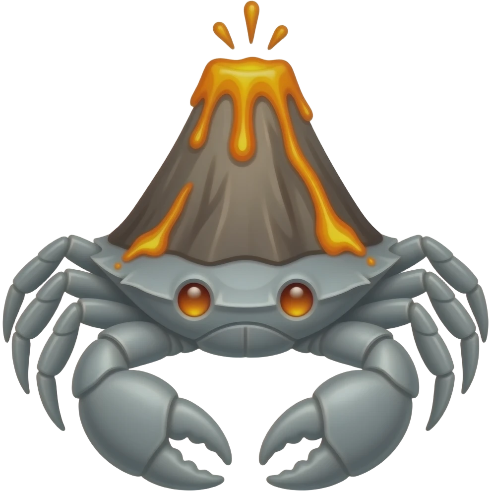 Gray A crab with a volcano on its back with lava dripping down from it with glowing orange eyes emoji