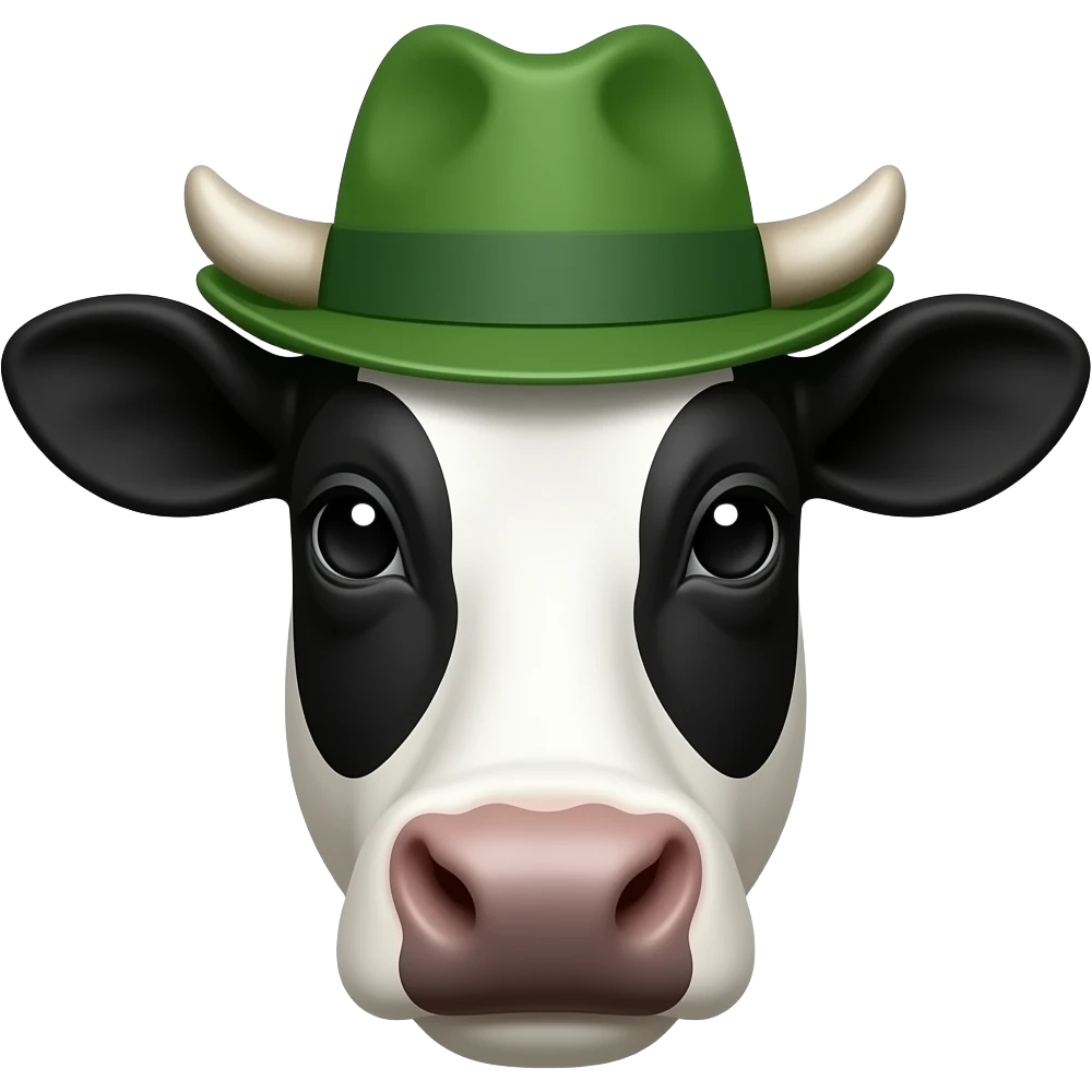 black and white cow with half body face close up front view wear a gren hat show cow half body emoji