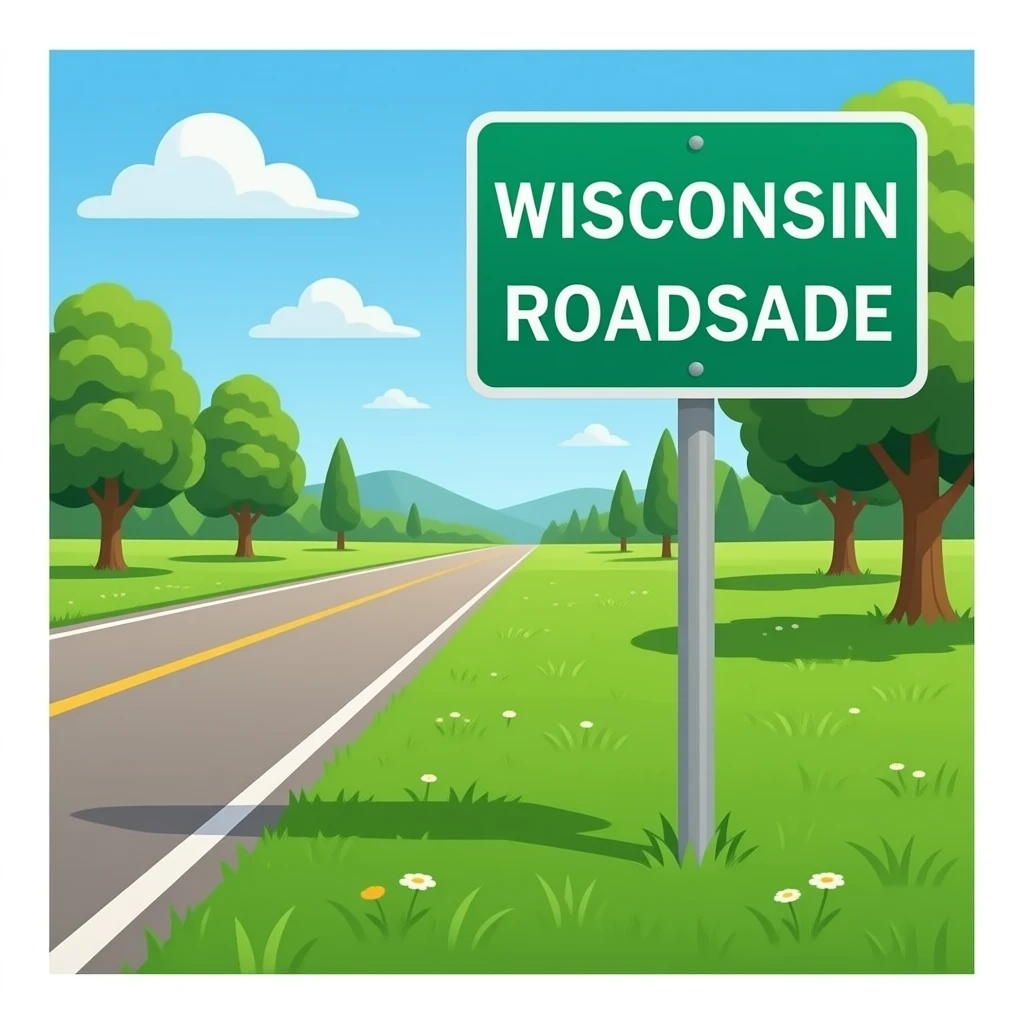 make a welcome to Wisconsin sign just like the real one on a road with bright green grass and trees. put it on the right side of the grass emoji