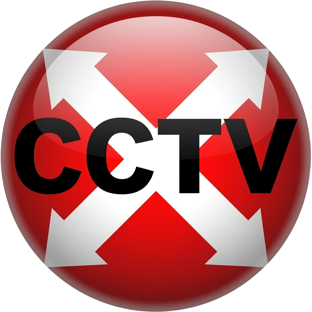 Red filled circle with white X and arrow on all end points on the X white circle in the middle. Big bold CCTV word in the centre in black emoji