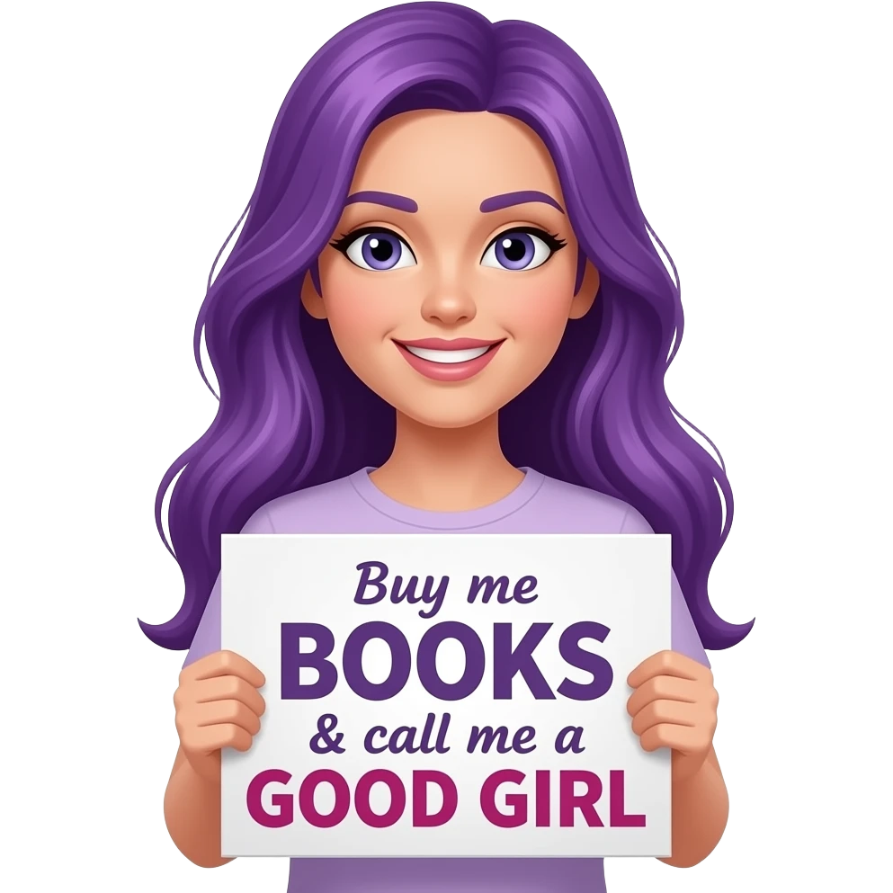 sexy girl with long purple hair holding a Buy me BOOKS & call me a GOOD GIRL sign emoji