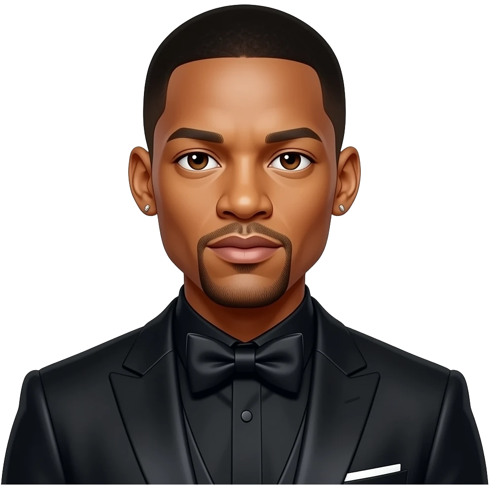 Will Smith with dark brown eyes, black hair, black metallic suit with bow tie, short earrings emoji