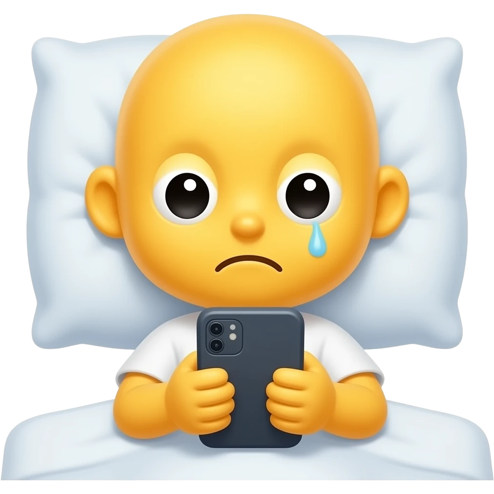 Cute & funny good morning yellow emoji face that looks tired in bed and has only one eye open reading phone messages emoji
