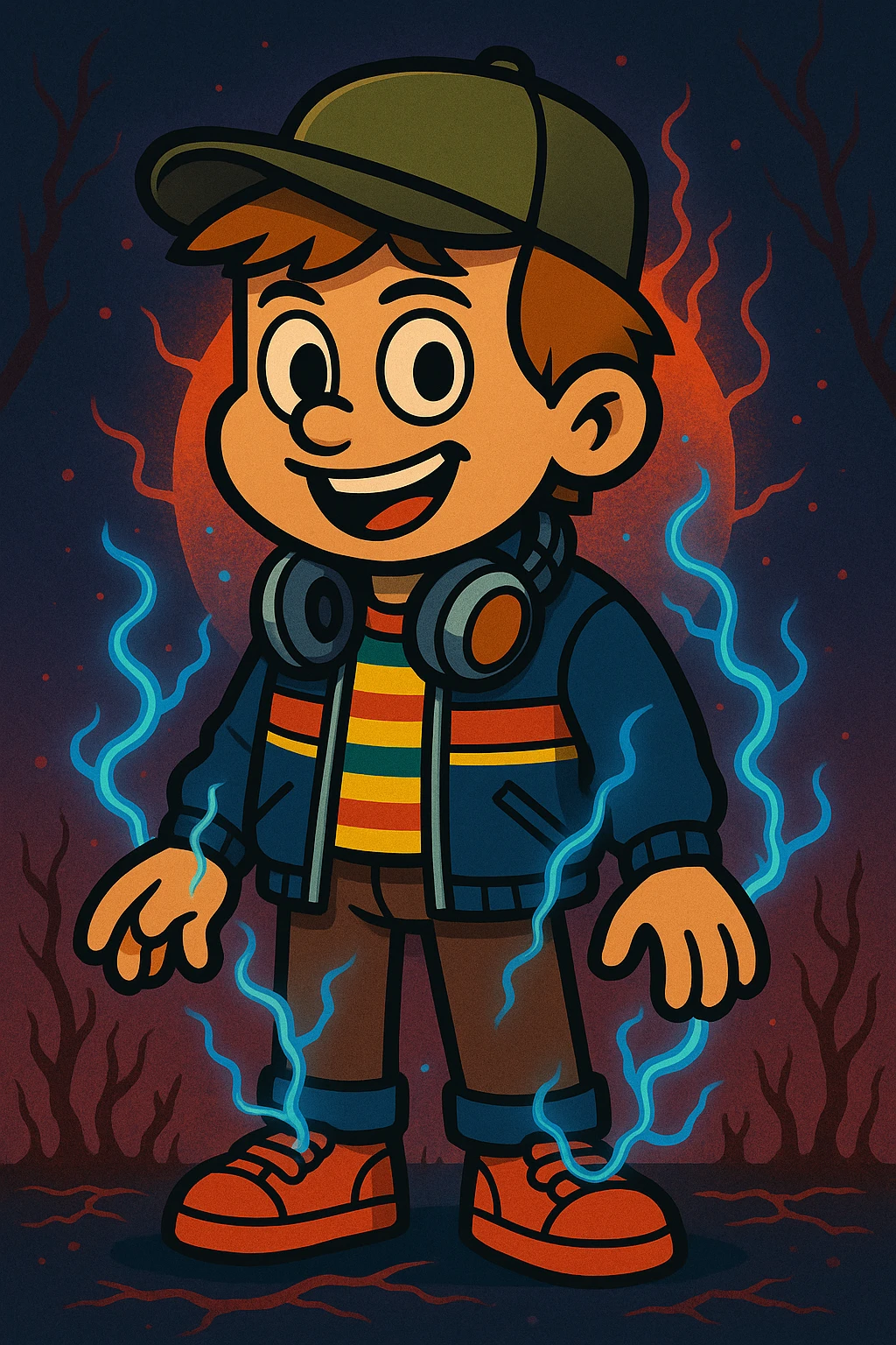Stranger Things inspired character in vibrant toon style, wearing 80s clothing with supernatural effects and Upside Down references, variation 1. emoji