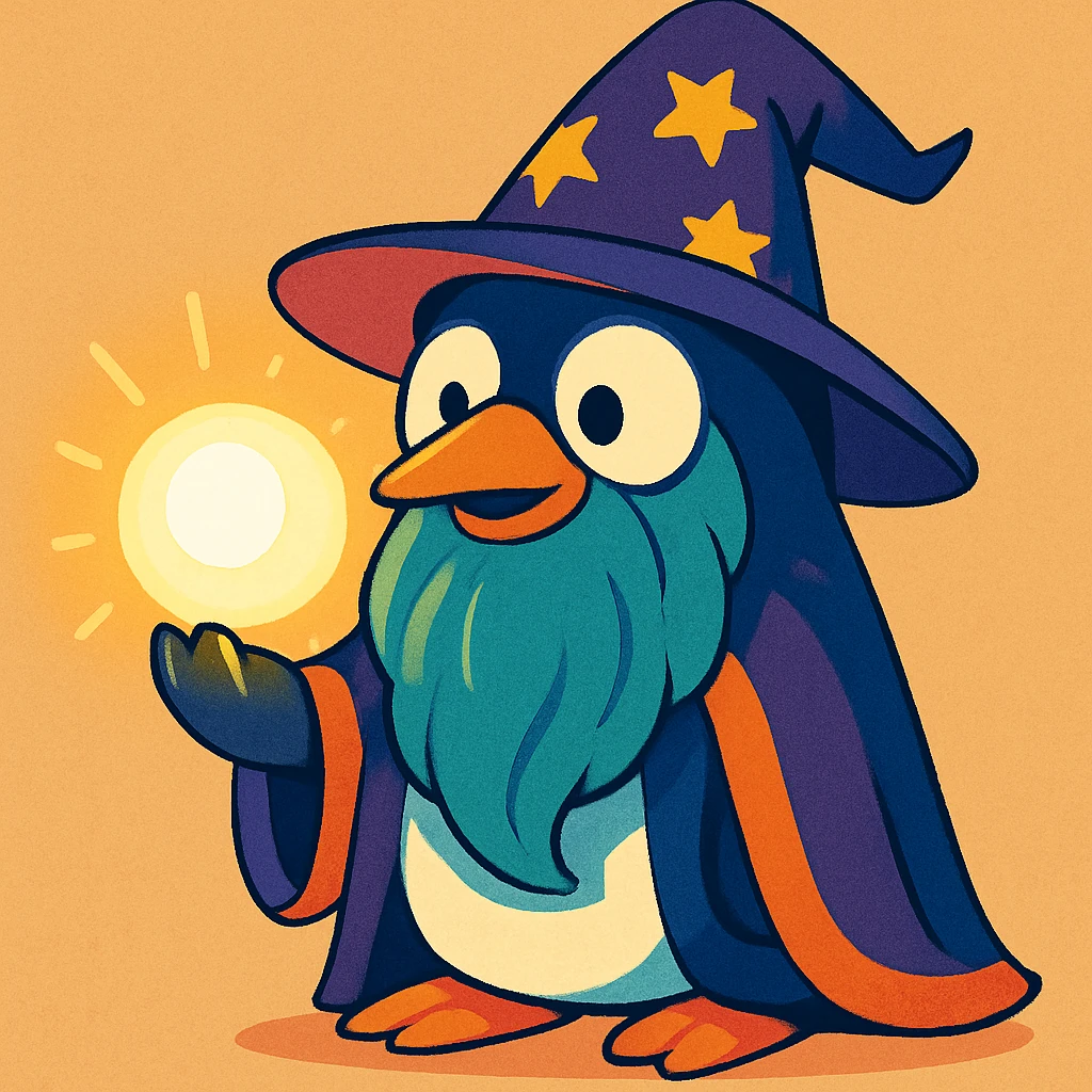 whimsical fantasy style penguin wizard with a long beard, holding a glowing orb emoji