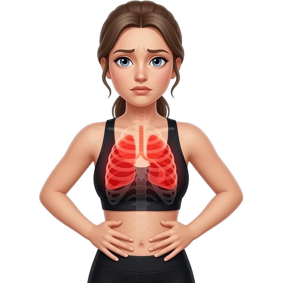 breathing discomfort, full red glow covering chest, ribs, and lung area, woman with hands on ribs, fair-skinned woman, gray-blue eyes, ash brown brows, ash light brown hair tied back, slim athletic body, black workout set emoji