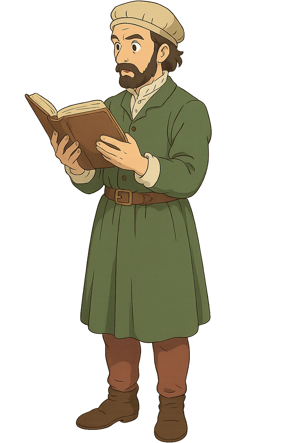 The full body of A european doctor from the 1500s holding a medical textbook looking interested emoji