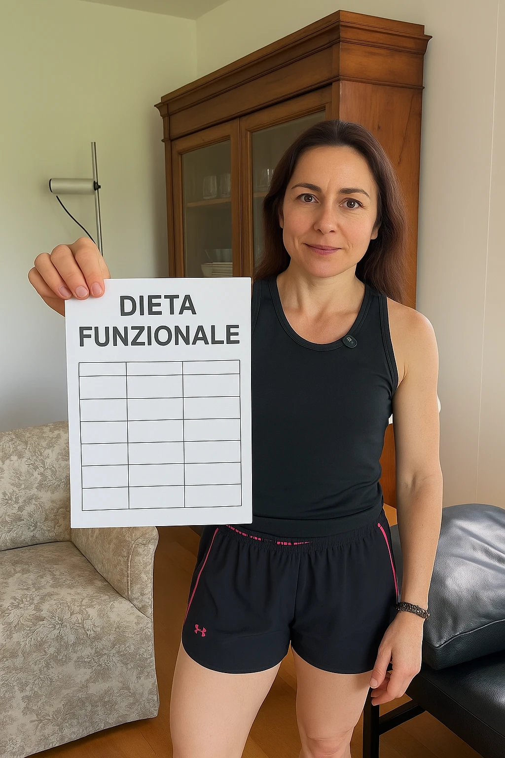 Donna con in mano una dieta con scritto "Dieta Funzionale" emoji