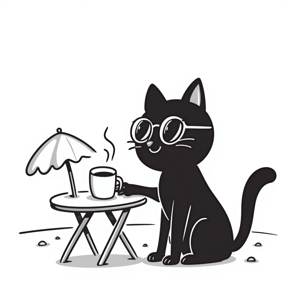 a cat wearing glasses and drinking coffee sitting at the beach emoji