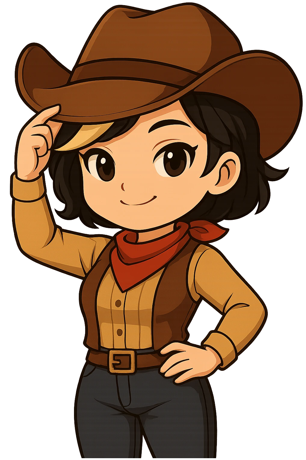 Sexy chibi cowgirl with short hair and a blonde streak, wearing a cowboy hat and western outfit, no guns. Pose: standing with one hand on hip, other hand tipping hat, confident smile, chibi/anime style, sized for Twitch or Discord use, transparent background. emoji