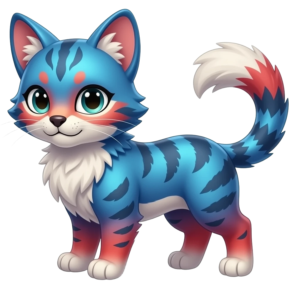 Cute kawaii cool edgy badass vibrant cyan-cobalt-blue-to-crimson-red gradient-colored iridescent glossy fur fantasy-caracal-civet-genet-sergal-vernid-Gryphon-Cacomistle-Trico-oncilla-animal-Fakémon-hybrid-fursona (full body), facial markings, (realism style) emoji
