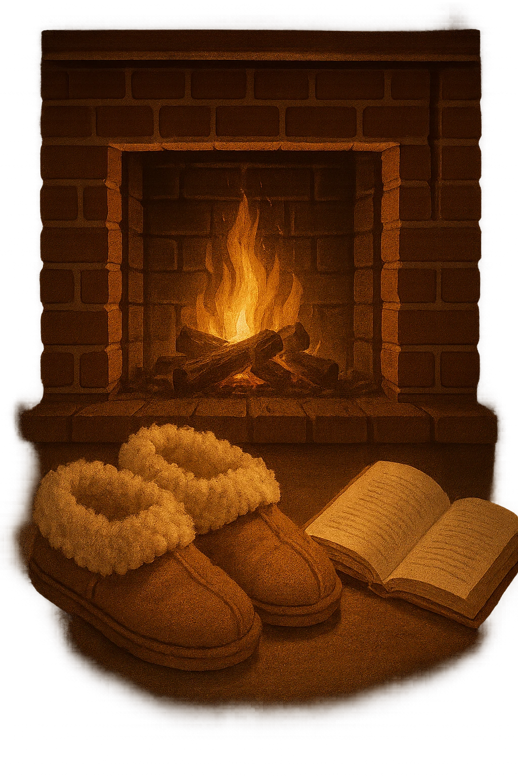 cozy slippers and a book by a fireplace, warm glow emoji