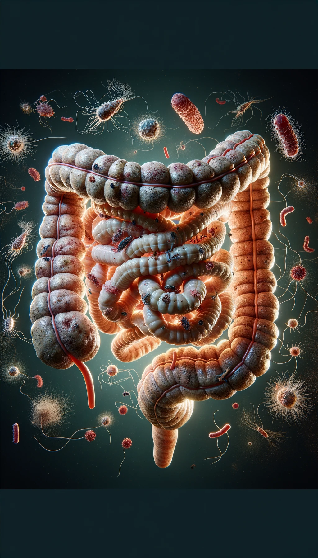 intestino umano realistico con batteri e parassiti che gli fluttuano intorno, iperrealistico 4k emoji