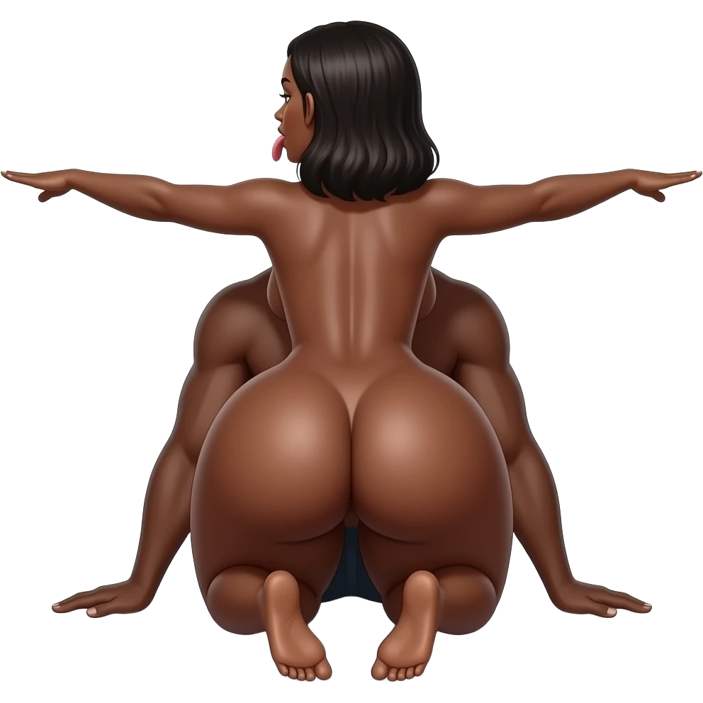 Mujer afroamericana desnuda, mujer de espalda, sentada en las piernas de hombre negro sin ropa, la mujer saca la lengua, de rodillas en el suelo, forma de cuatro patas, culo levantado hacia atrás,  culo gigante más alto que la cabeza, con los brazos estirados hacia delante emoji