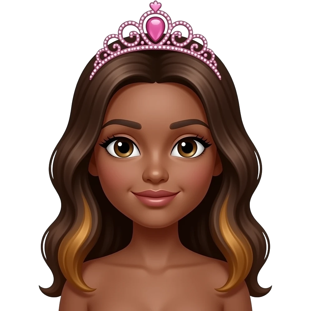 pink tiara, Dark brown eyebrows,Dark brown skin, Doll shaped face, doll eyes, wavy with side part longer straightened dark brown hair with auburn highlights, big breast no bra emoji