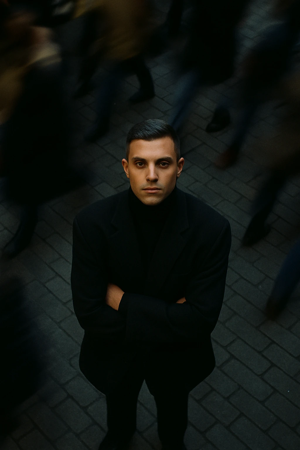 overhead shot of me standing still on a brick city sidewalk, wearing a dark oversized blazer,
motion-blurred crowd rushes past around me. Moody lighting, 35mm film look, shallow depth of field, sharp focus on me. emoji