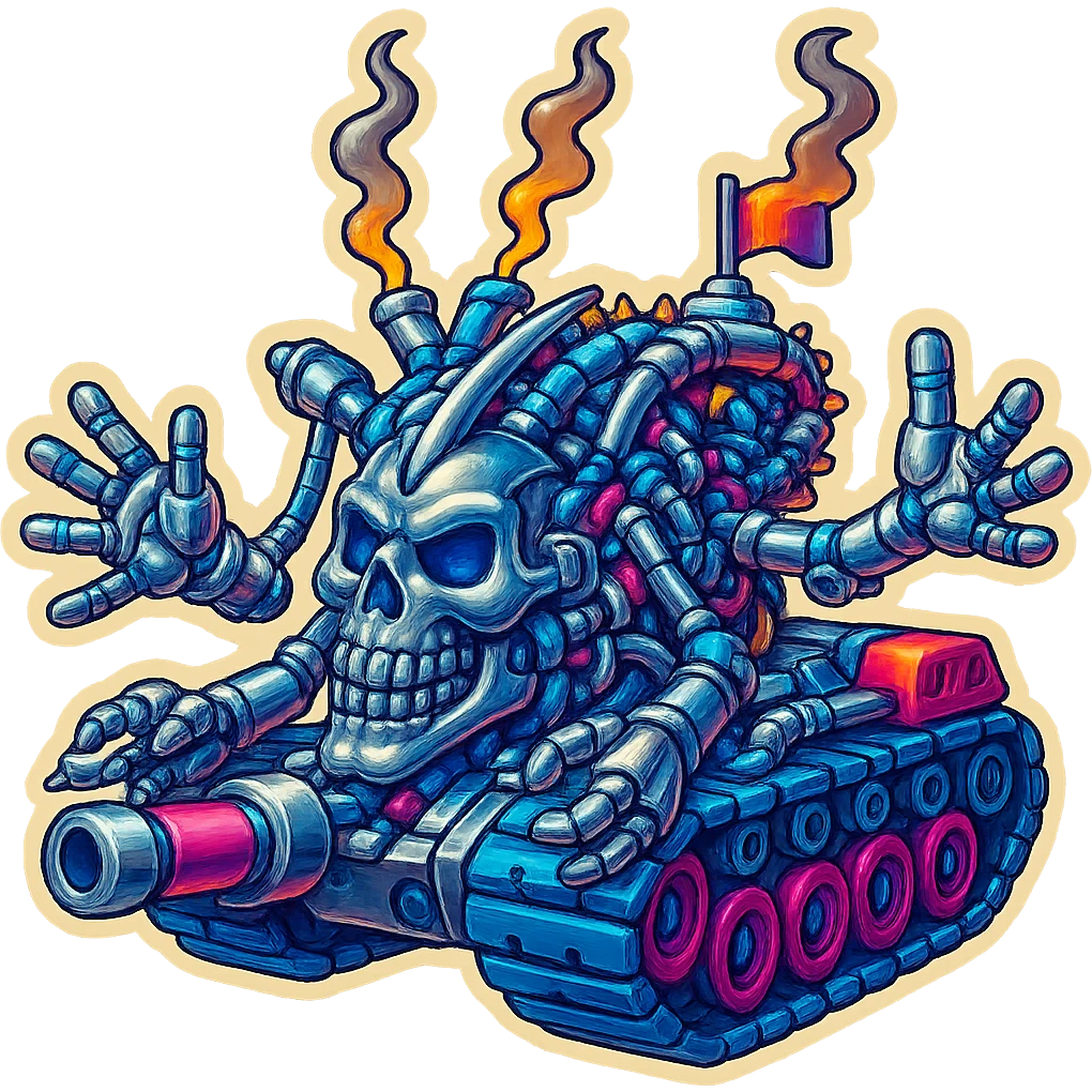 Edit the skull robot tank to have 4 distinct arms, all metal parts shiny silver with some non-metal elements featuring vibrant color accents. Maintain the retro stickers style with a clean outline and transparent background. emoji