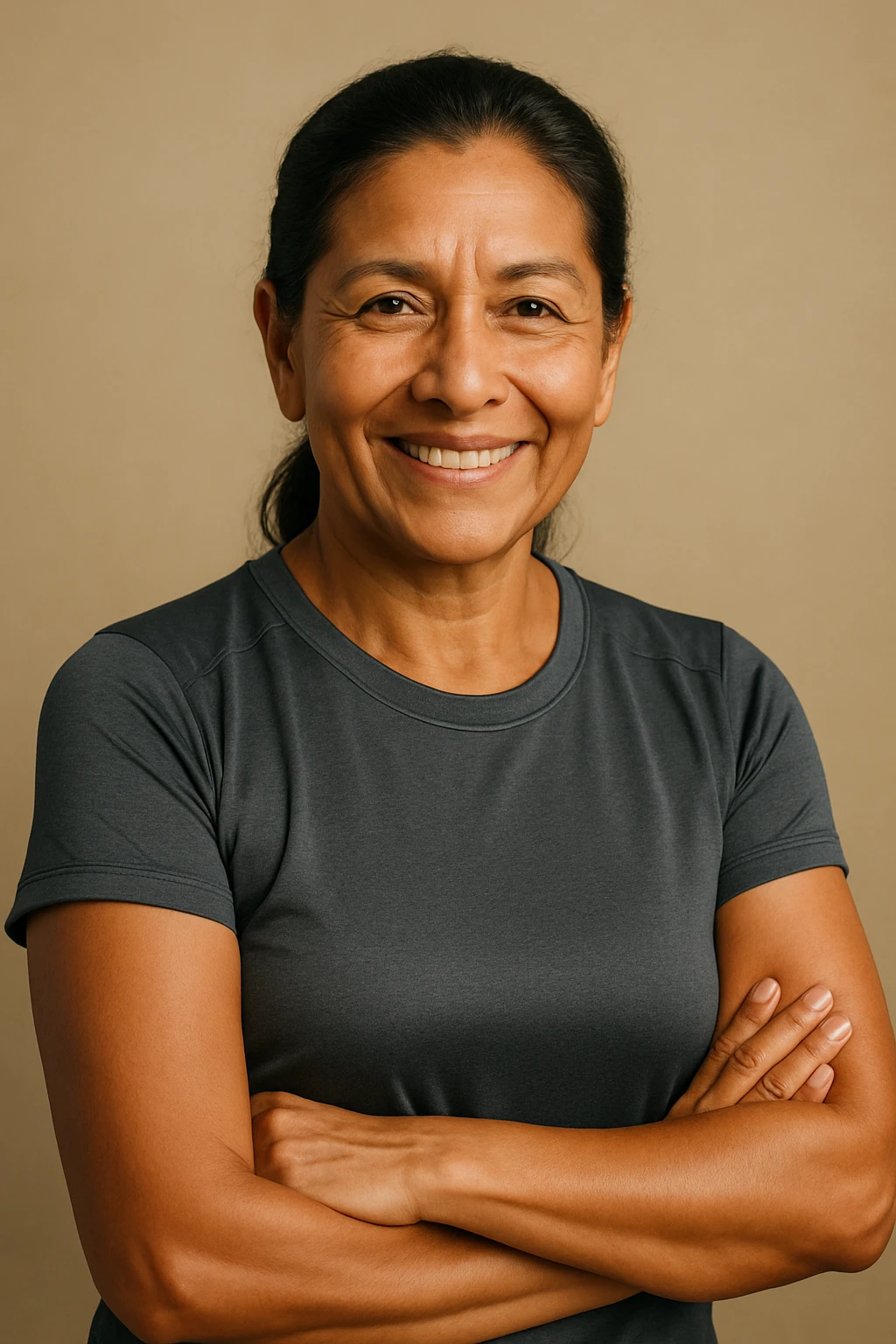 Portrait of a mature Peruvian woman, dark hair tied back, wheat-colored skin, warm smile, lead-colored sportswear, conveys energy and health, designed for a supplement brand targeting Peruvian adults. emoji