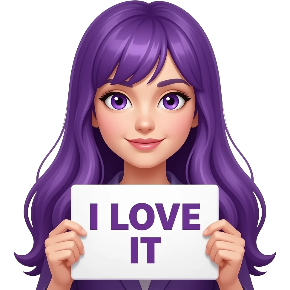 sexy girl with long purple hair and purple eyes holding a I LOVE IT sign emoji