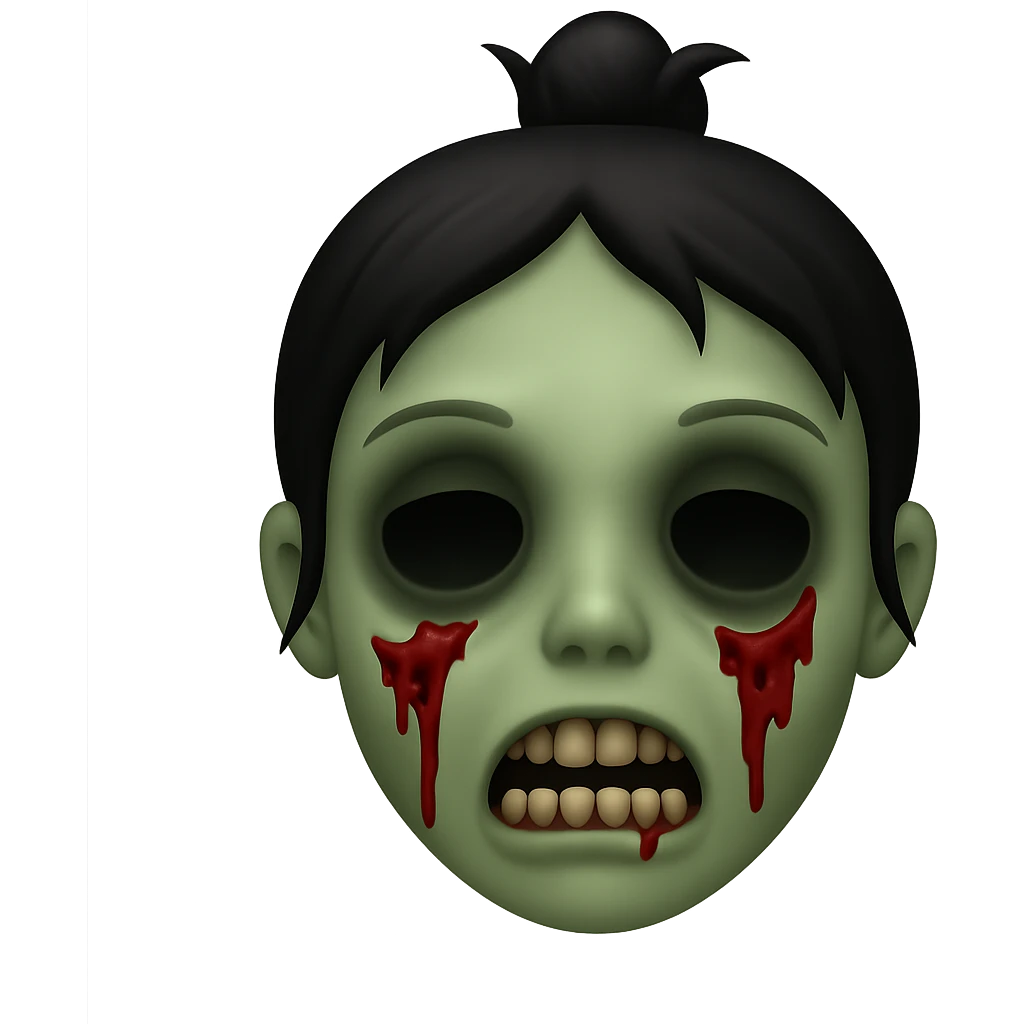 Create a zombie emoji with black hair styled in a messy bun, in the style of Apple emojis. The emoji should have the typical zombie features with greenish skin and a spooky expression, combined with the distinct Apple emoji look and feel. emoji