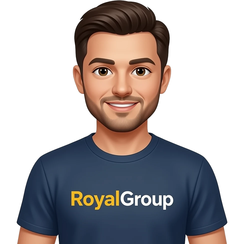 this same guy except the t-shirt is his business logo - "RoyalGroup" with 'Royal' in golden rod yellow and Group in a slightly thinner font in White (all connected emoji