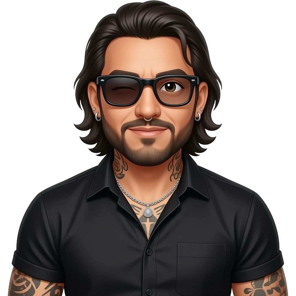 handsome, manly Latino podcast host with black colored eyes wearing black with silver jewelry, with medium length hair, a very long, lightly graying beard and tattoos, his ear pierced and right nostril as well, dark sunglasses. Winks with one eye very exaggerated emoji