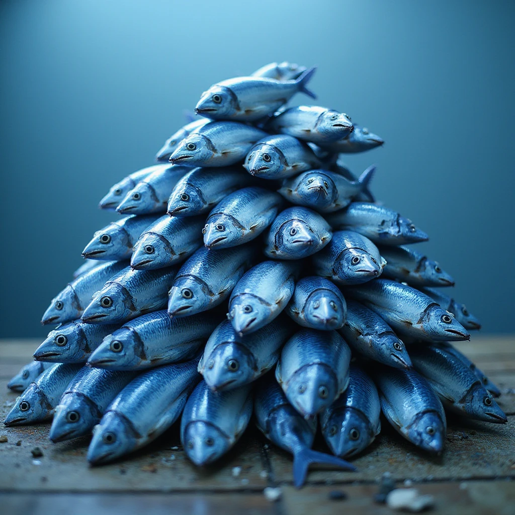 large, realistic pile of blue fish, loosely pyramid-shaped, not a perfect triangle, photorealistic style, variation 2 emoji