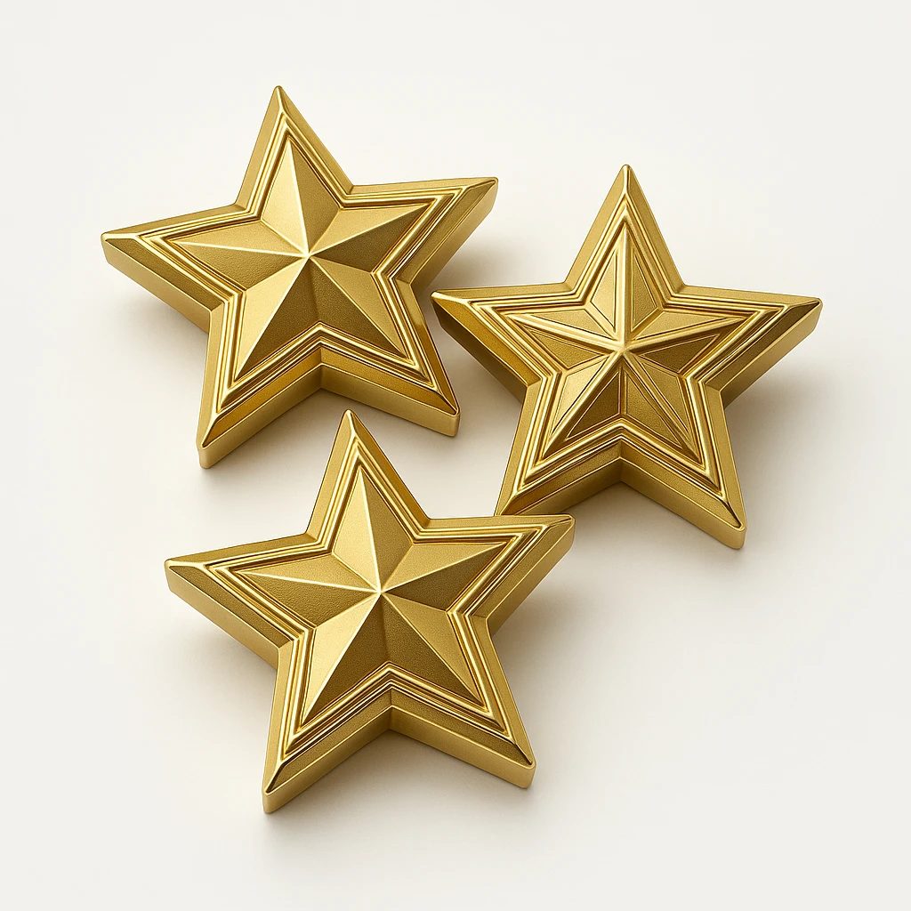 three gold stars, gold objects style, with a soft shadow emoji
