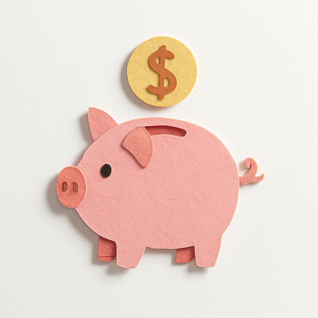 paper craft style piggy bank with a coin emoji