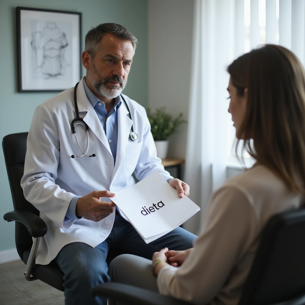 hyperrealistic 4K scene of a male nutritionist in a white coat handing a sheet with the word 'dieta' to a seated female patient in his medical office, variation 5 emoji