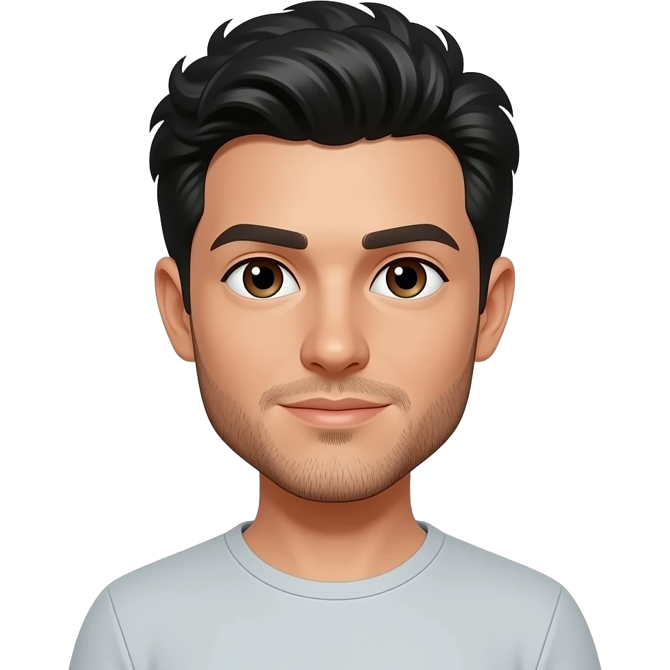 A man with black short curly hair and brown eyes. He has a small beard. The man is tall and slim. emoji