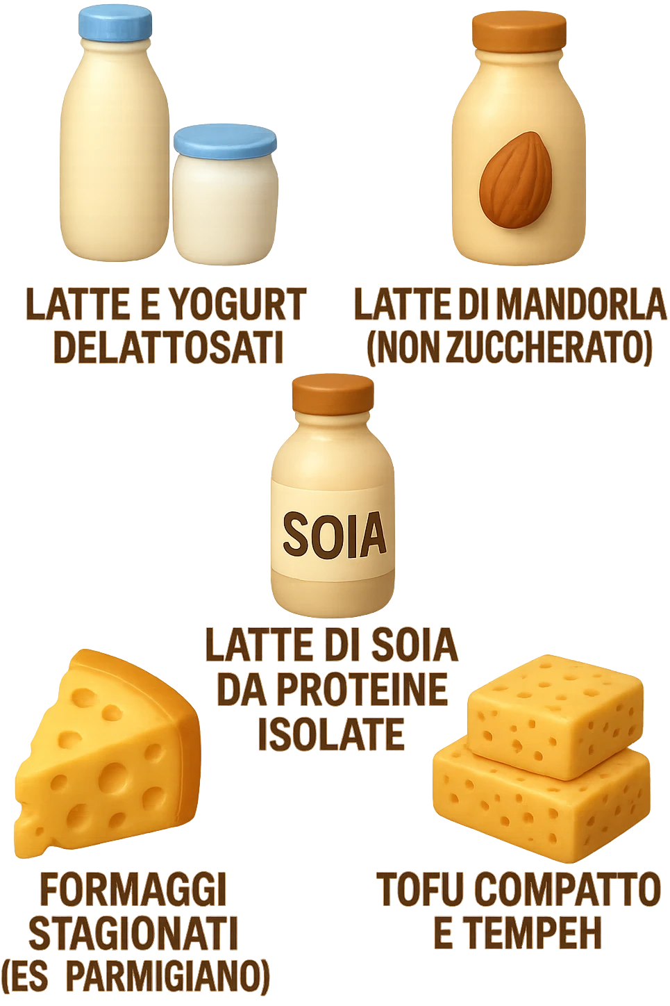 emoji stile iphone 3d di questi elementi che fluttuano in aria:

Latte e yogurt delattosati
Latte di mandorla (non zuccherato)
Latte di soia da proteine isolate
Formaggi stagionati (es. parmigiano)
Tofu compatto e tempeh
 che fluttuano in aria,  le etichette scrivile in italiano, iperealistico 4k emoji