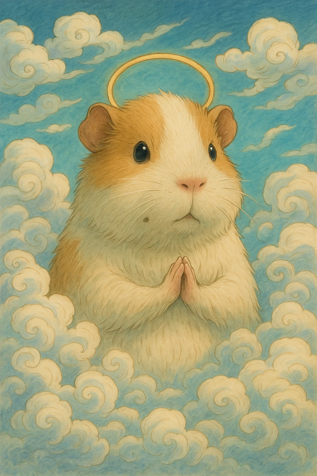 almighty guinea pig god with a mole on the left cheek, surrounded by clouds, whimsical, ghibli-inspired emoji